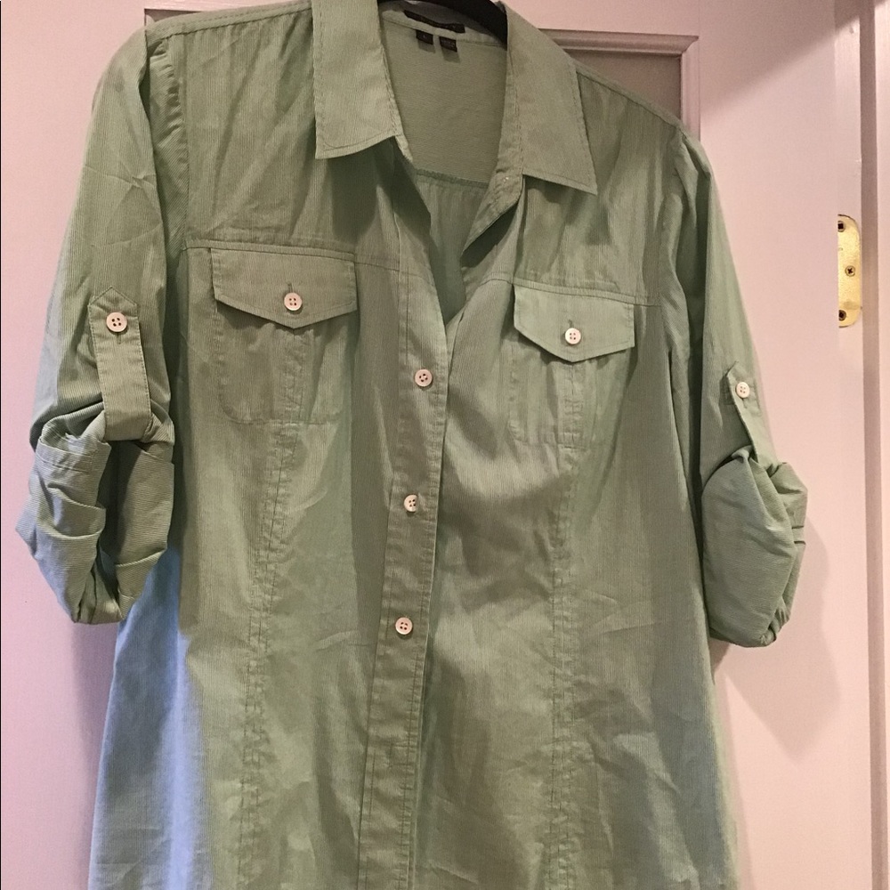 Theory green and white stripped shirt